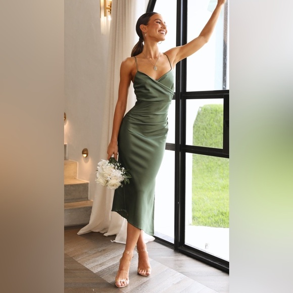 Billy J Monte Satin Slip Midi Dress - Olive Size 4 NWT Bridesmaid Weddin… - Picture 2 of 16